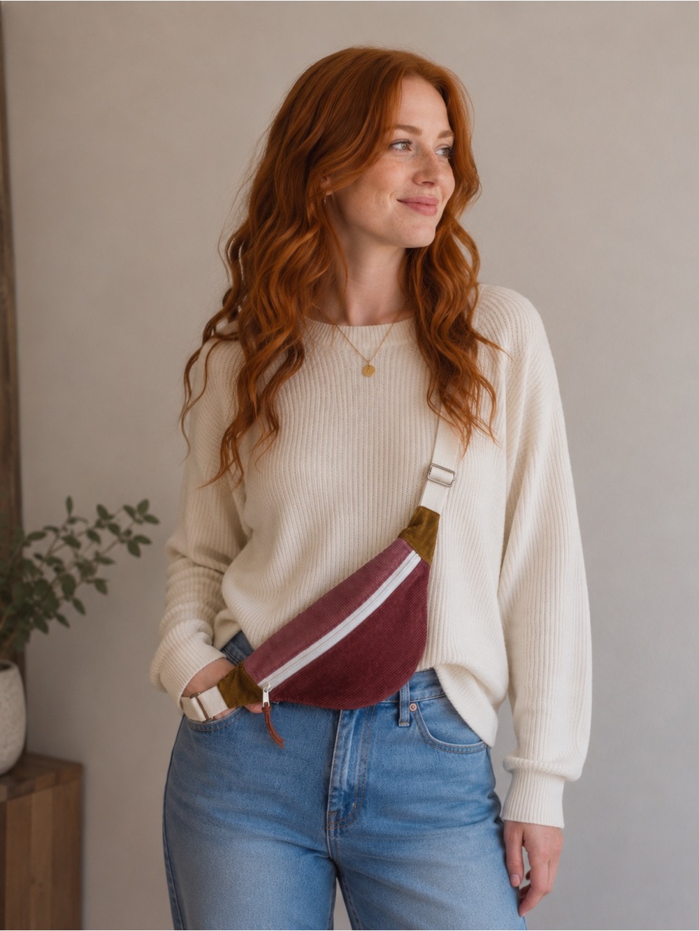 Corduroy Patchwork Crossbody Fanny Pack - Burgundy